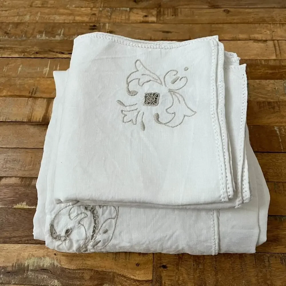 Vtg 1 Tablecloth & 10 Napkins Off-white Linen Taupe Embroidered Openwork Madeira